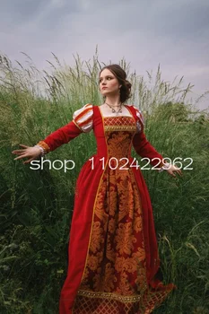 Raudona italų Renesanso Vakaro Suknelė Moterims ilgomis Rankovėmis 16 Istoriškai Nėrinių Kostiumas Promenadzie Suknelė pilietinio Karo suknelė dėvėti