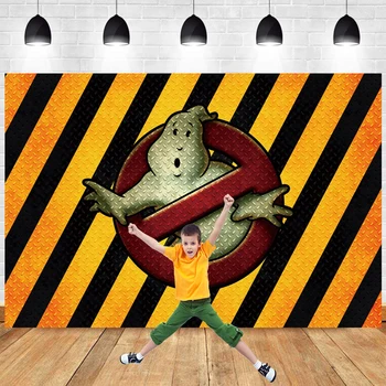 Ghostbusters Fone Berniukas Vaikams Gimtadienio Draudimas, Žalia Dvasios Geltona ir Juoda Dryžuota Fotografijos Fone Reklama