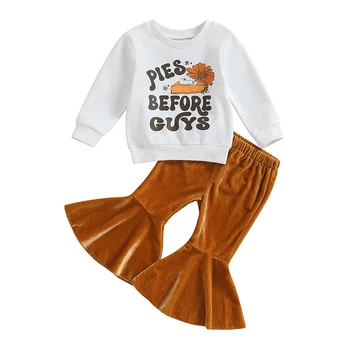 Bamblys Baby Girl Helovinas, Padėkos Apranga Moliūgų Pyragai Palaidinukė Ilgomis Rankovėmis T-Shirt Bell Bottom Kelnės Rinkinys