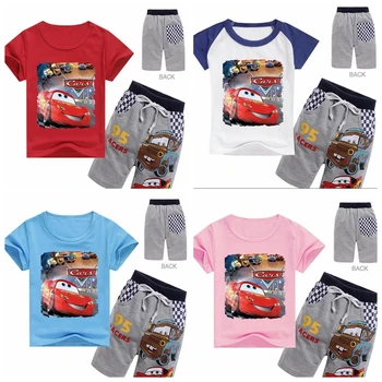 2VNT/Komplektas Naujas Vasaros Kūdikių Mergaičių Drabužių Rinkinius Vaikams, Cartoon Pixar Automobilių Žaibas McQueen Berniukams trumpomis Rankovėmis Viršūnes T Marškinėliai Trumpas Ziajać