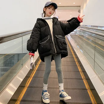 2023 Korėjos Žiemos Jaunimo Mergina Švarkas Paauglys Mergaitę, Šilta Medvilnė Gobtuvu Outwear Pagrindinio Mergina Laiškas Išspausdintas Ilgas Švarkas