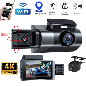 4K Dashcam 3 Kanalo Automobilių DVR Priekinio ir Galinio vaizdo Kamera, WIFI, GPS, Vaizdo magnetofoną, automobilių Stovėjimo aikštelė Stebėti Naktį Versija Brūkšnys Cam Automobiliams