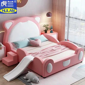 Vaikų baldai mergaitė berniukas animaciją minkšta oda lova 1,5 m su skaidrių puikus atitvaro lova