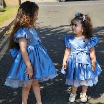 2024 m. Kūdikių Mergaičių Twin Sesuo Atitikimo Šalis Suknelė Vaikų Duobute Lanką Mėlynos Suknelės Kūdikiams Gėlių Mergina, Kamuolys Suknelė Vestuvių