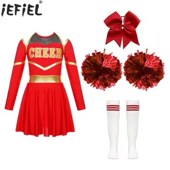 Merginos Cheerleaders Šokio Spektaklis Uniformą ilgomis Rankovėmis Leotard Suknelė su galvos Apdangalai, Gėlės Kojinės Mokyklos Sporto Posėdis