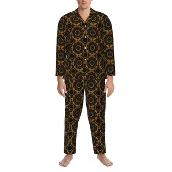 Retro Mandala Pajama Nustatyti Pavasarį Auksas Gėlių Spausdinti Puikus Miego Sleepwear Vyrai, 2 Vnt Atsitiktinis Negabaritinių Namų Tiktų Gimtadienio Dovana