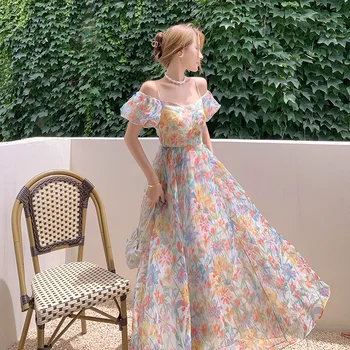 Naujas Mados Vasaros Gėlių Spausdinti Off Peties Ilga Suknelė Moterims Saldus Sluoksniuotos Rankovėmis, Plonas Dirželiai Elegantiškas Ilgas Suknelės Moterims