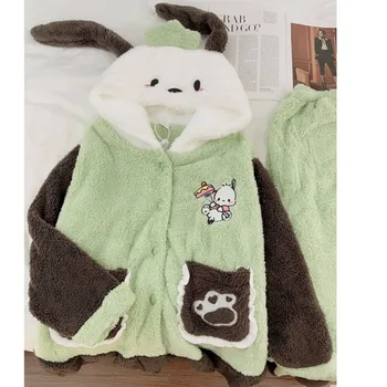 Naujas Sanrio Pochacco Pajama Komplektai Sleepwear Kawaii Moters Drabužių Žiemos Mergaitė Animaciją Mielas Pliušinis Sutirštės Namų Kostiumas Homewear