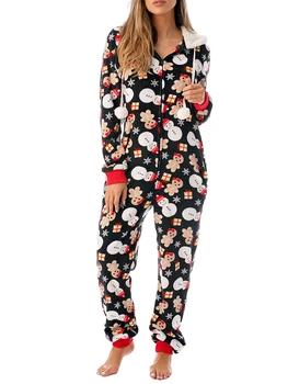 Moteriški Kalėdų Pižama Romper ilgomis Rankovėmis Zip Iki Vilnos Gobtuvu Jumpsuit Žiemos Sleepwear