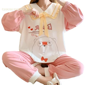 Pavasarį, Rudenį Knttted Moterų Pižama Rinkiniai Sailor Apykaklės Juokinga Pjs Animacinių filmų Sleepwear Pledas Homewear Mergina Pijamas Mujer Pyjama