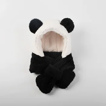 Žiemos Vaikų Panda Formos Šalikas All-in-vieną Skrybėlę, Kūdikių Storio ir Pliušinis Ausų Apsaugos Šiltą Kepurę