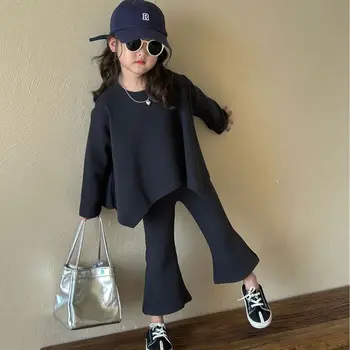Rudenį naujų vaikų drabužių korėjos versija mergaičių mados atsitiktinis megztinis kelnės dviejų dalių užsiliepsnojo kelnės juoda viršų