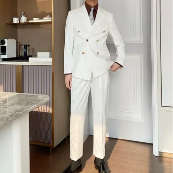Baltas Dvigubo Breasted Britų Dizainerio Kostiumas, Dviejų Dalių Vestuves Jaunikis Kostiumą Pokylių Vyrų Kostiumas Slim Fit Kostiumas Homme Mariage