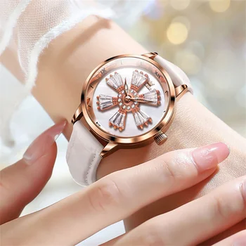 Reloj Mujer OLEVS Prabangos Prekės ženklo Moterys Kvarco Žiūrėti Sukasi Kristalų Dial Ponios Mados Vandeniui Laikrodžius 2024