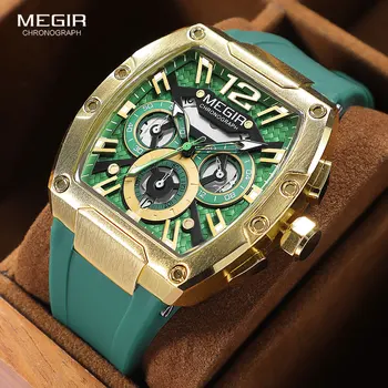 MEGIR Mada Sporto Kvarciniai Laikrodžių Vyrams, Vandeniui Aukso Žalia Silikono Dirželis Chronograph Laikrodis su Dienos Šviesos Rankas