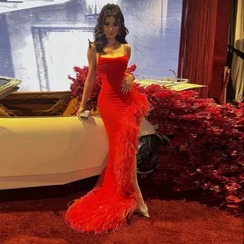 Dubajus vakarinę Suknelę Raudonos spalvos, Spageti Dirželiai Undinė Vakare Chalatai Moterims 2024 Padalinta Trimitas Seksualus Vestuvių Suknelės Svečias
